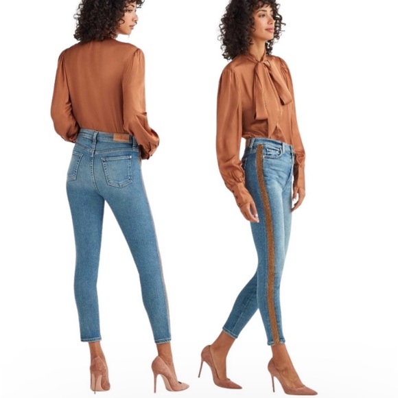 7 For All Mankind Luxe Vintage High Waist Ankle Skinny Rose Gold Stripe Jeans - Picture 2 of 10